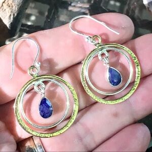Sapphire two tone gold and sterling silver hoops NWT